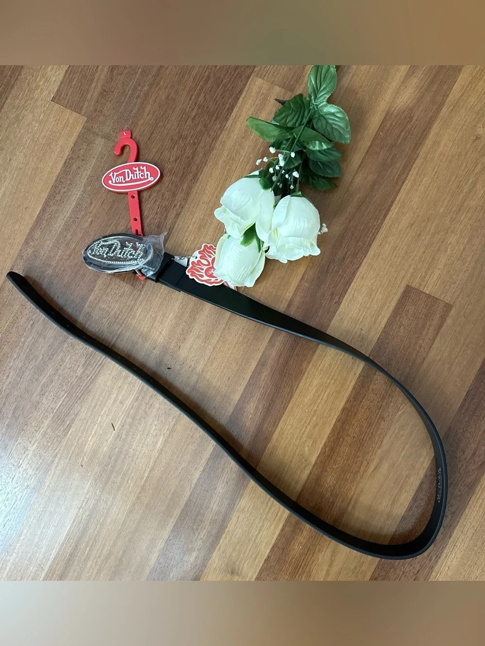 Von Dutch Red and Silver Rhinestone Logo Belt Accent